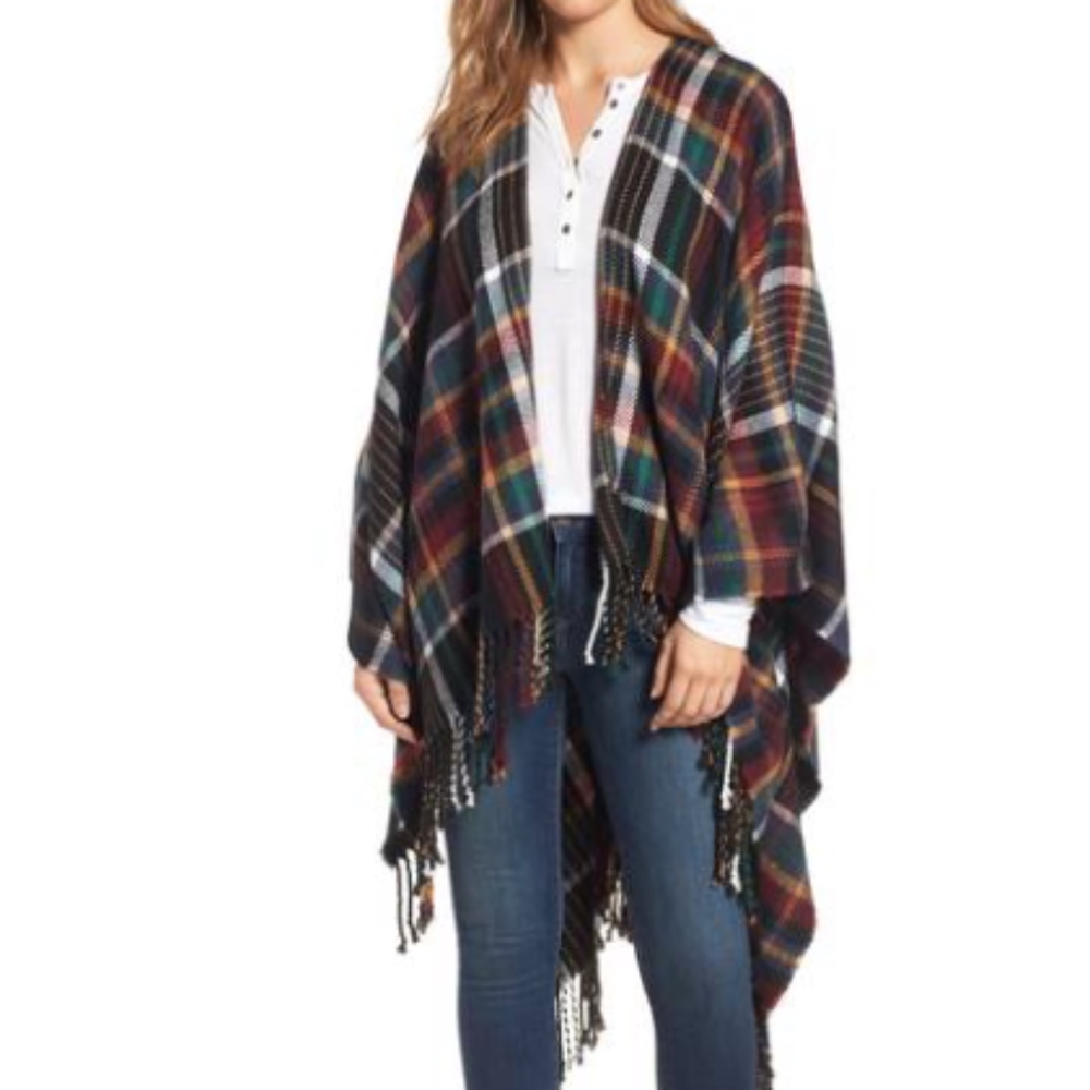 Treasure & Bond Plaid Fringe Cape